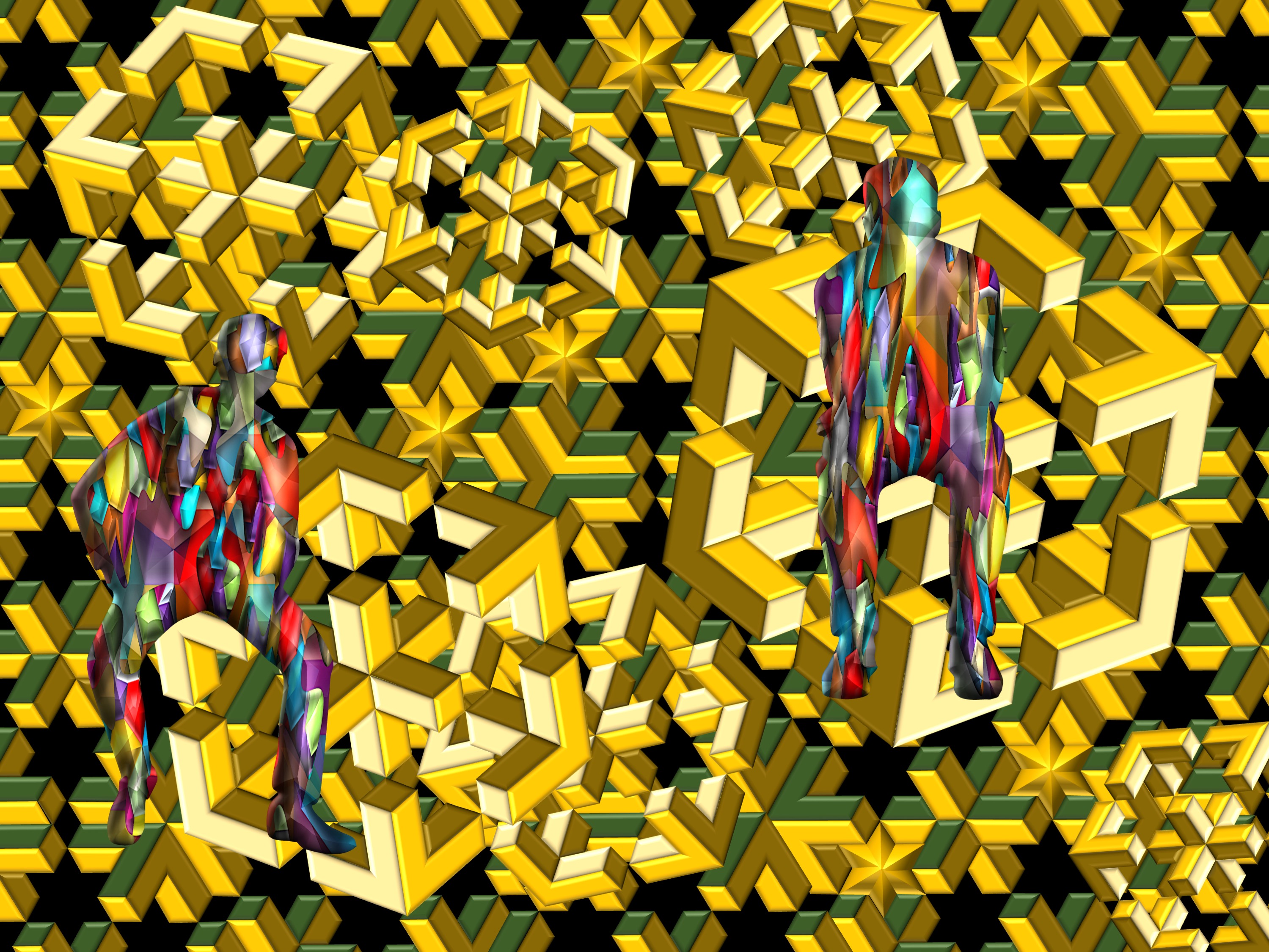 a lot of cubes in space; (This painting is based primarily on pictures with the title “Penrose 3d