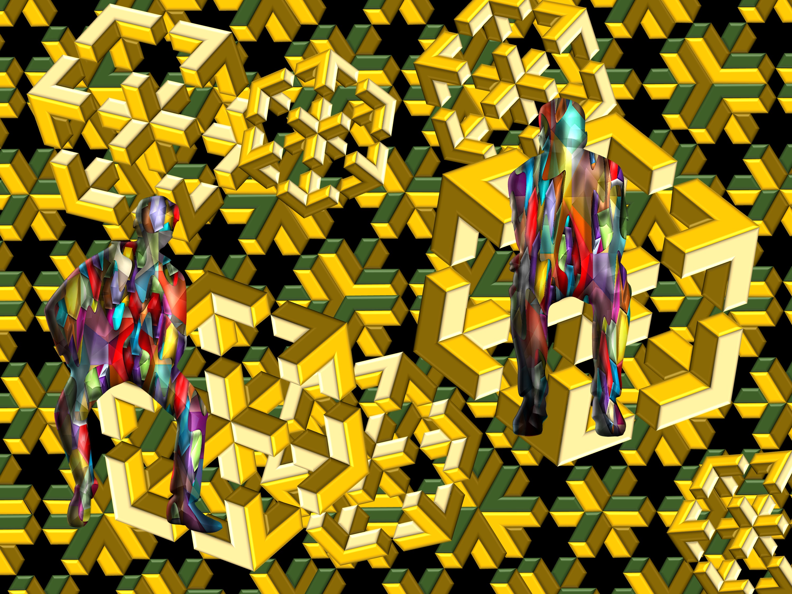 a lot of cubes in space; (This painting is based primarily on pictures with the title “Penrose 3d
