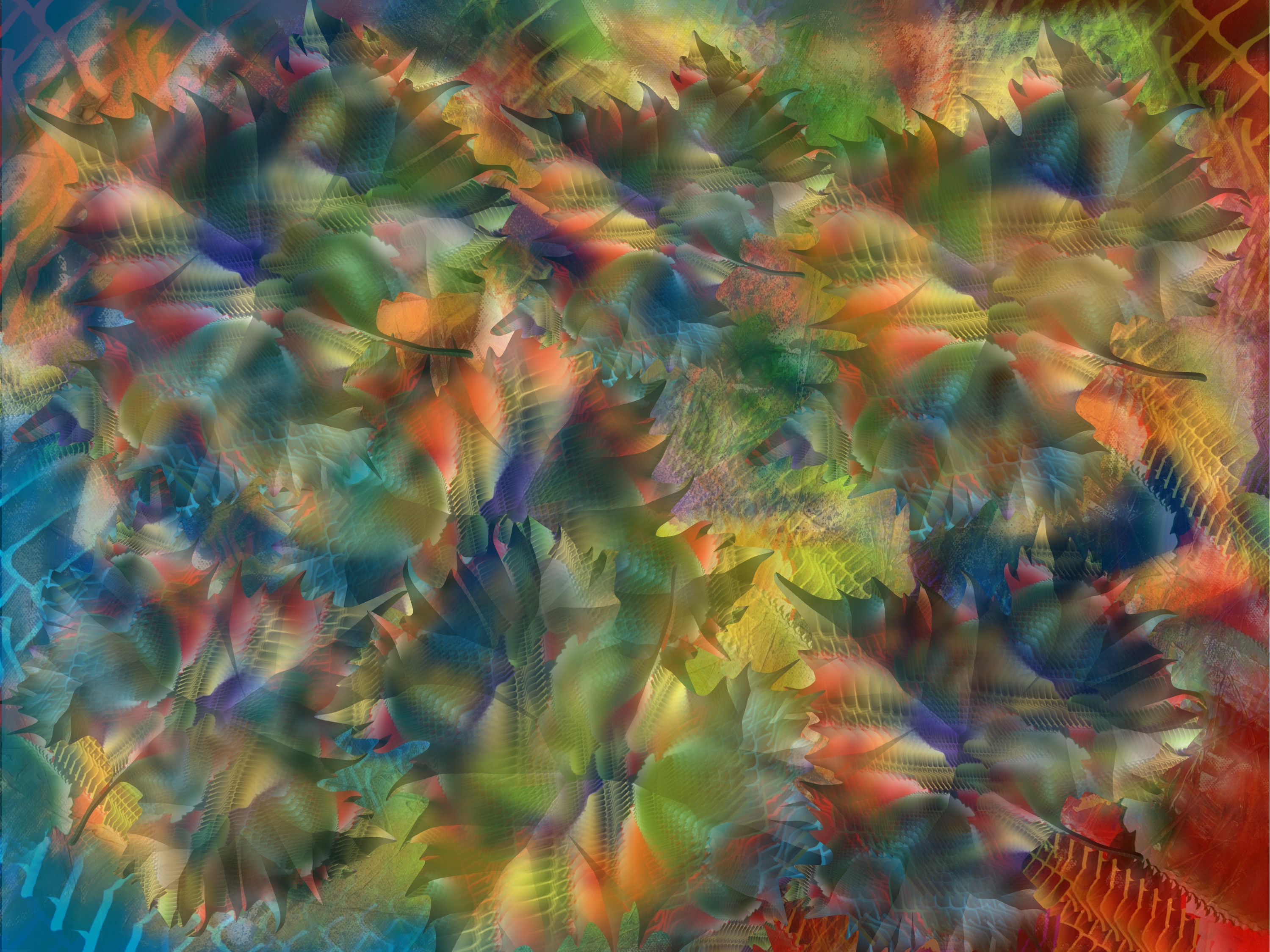 light shining through colored leaves in the fall; (combined painting technique; 2026-10-18)