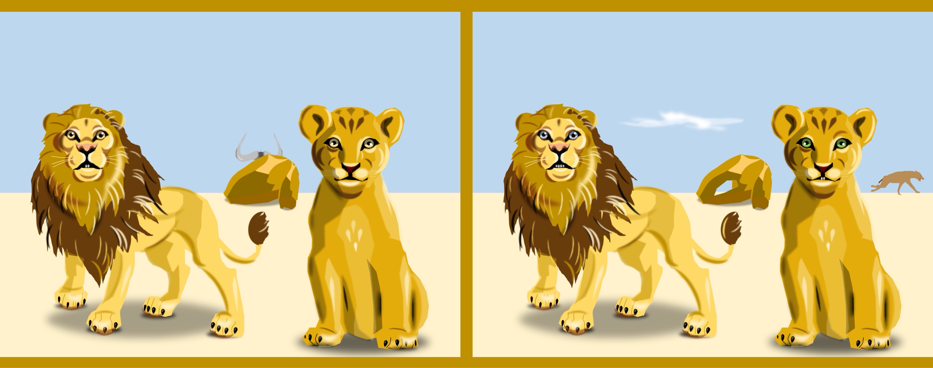 Löwenfamilie/lion family - Finde 10 Änderungen im rechten Bild. / Find 10 changes in the right picture.