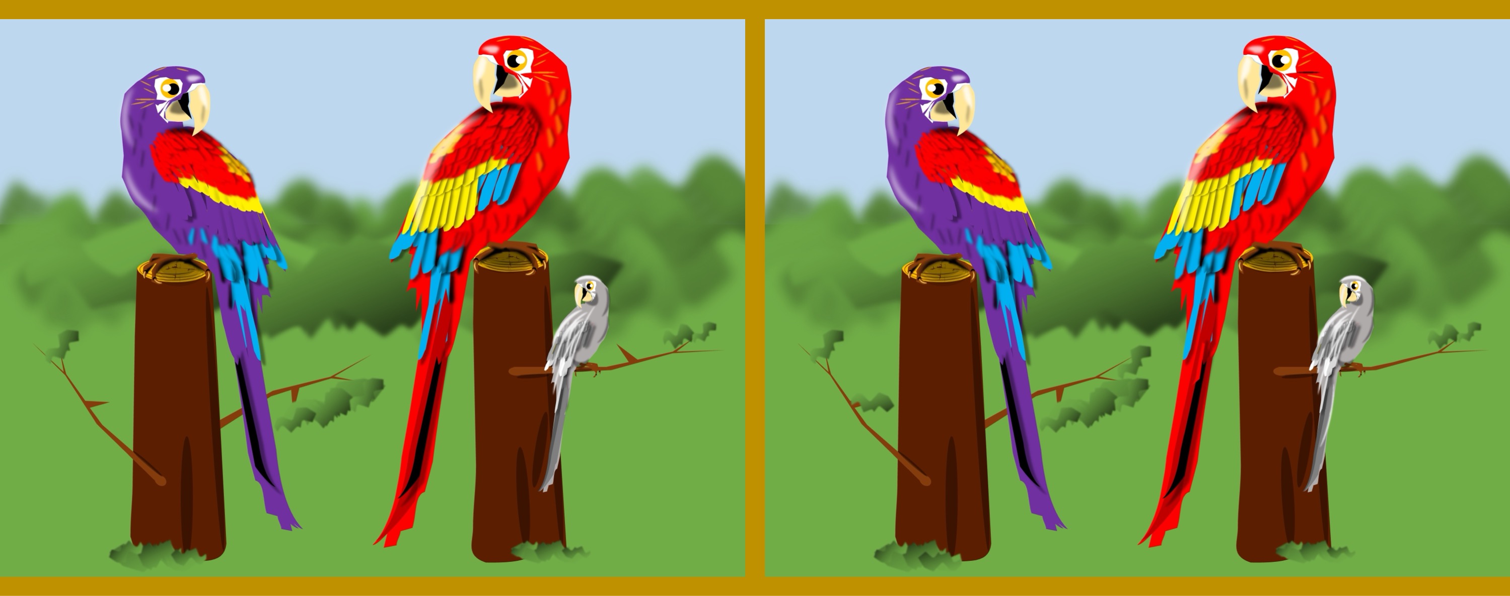 Papageien/parrots - Finde 10 Änderungen im rechten Bild. (anspruchsvoll) / Find 10 changes in the right picture. (challenging)