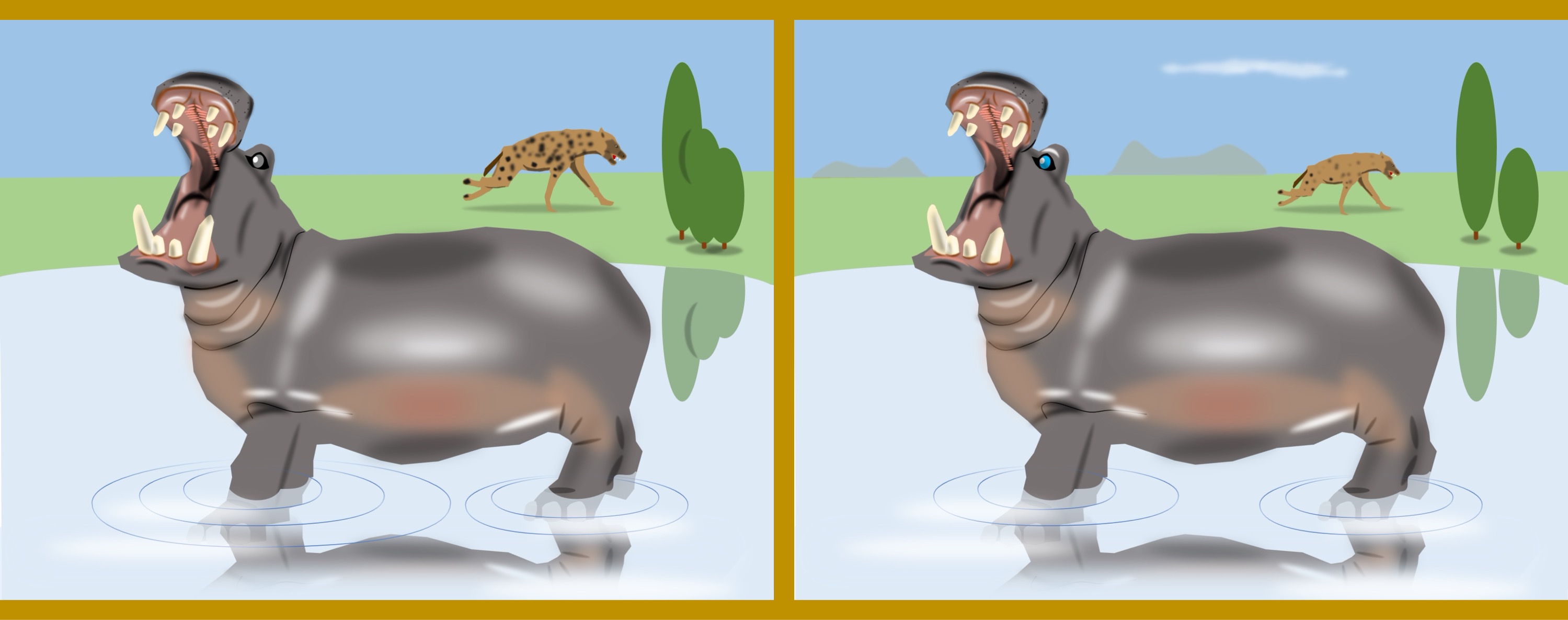 Nilpferd/hippopotamus - Finde 10 Änderungen im rechten Bild. (anspruchsvoll) / Find 10 changes in the right picture. (challenging)