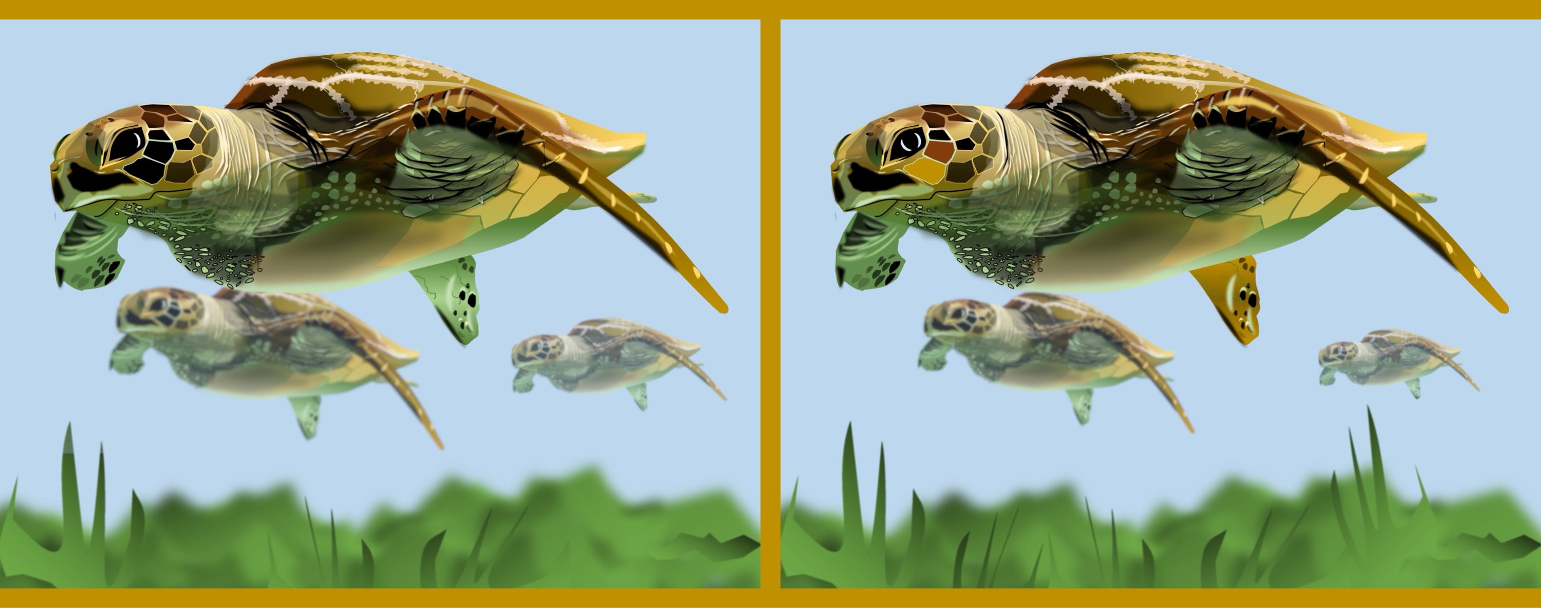 Schildkröten im Wasser/turtles in the water - Finde 10 Änderungen im rechten Bild. (teilweise anspruchsvoll) / Find 10 changes in the right picture. (partly challenging)
