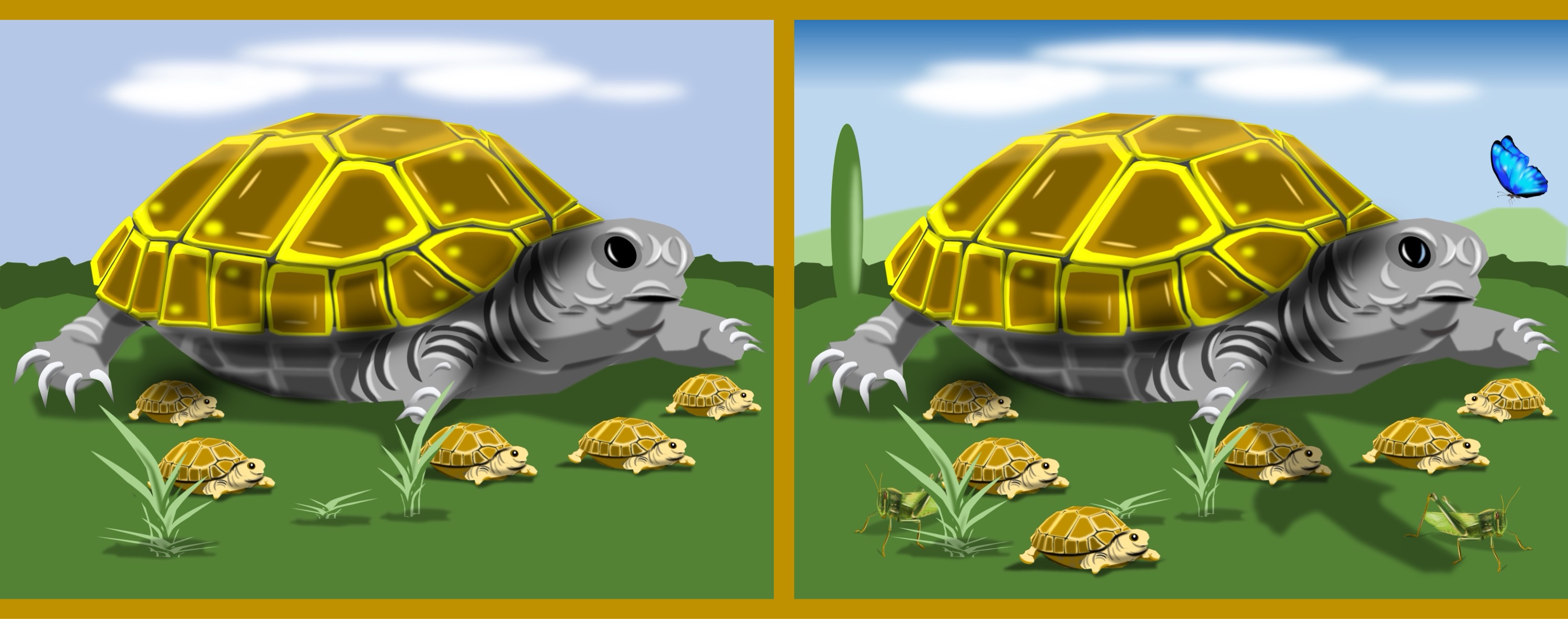 Schildkröten im Gras/turtlen in the grass - Finde 10 Änderungen im rechten Bild. / Find 10 changes in the right picture.
