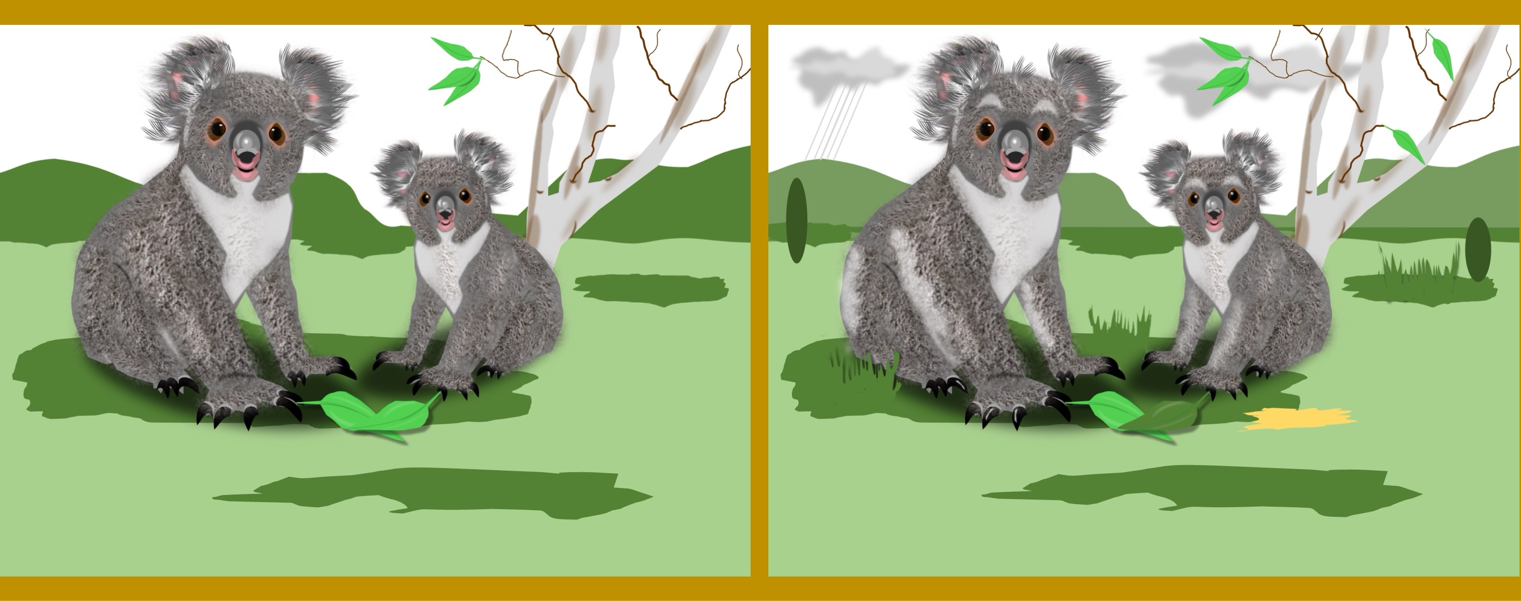 Koalas/koalas - Finde 25 Änderungen im rechten Bild. (teilweise anspruchsvoll) / Find 25 changes in the right picture. (partly challenging)