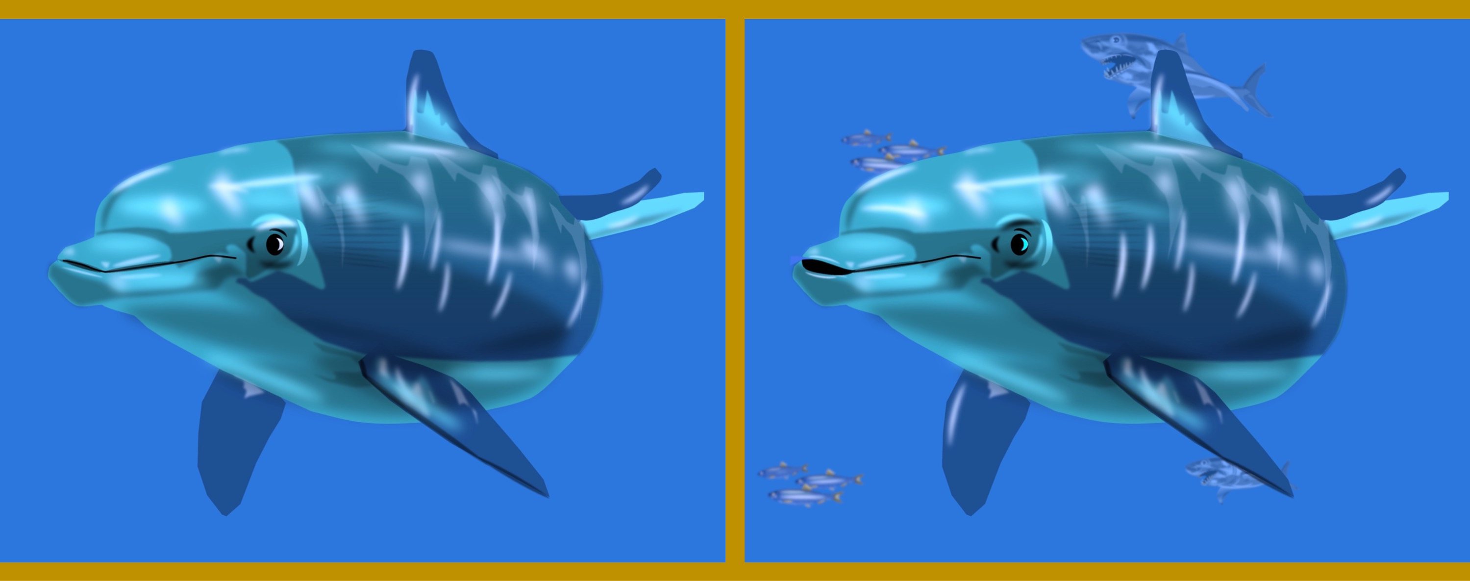 Delfin/dolfin - Finde 10 Änderungen im rechten Bild. (teilweise anspruchsvoll) / Find 10 changes in the right picture. (partly challenging)