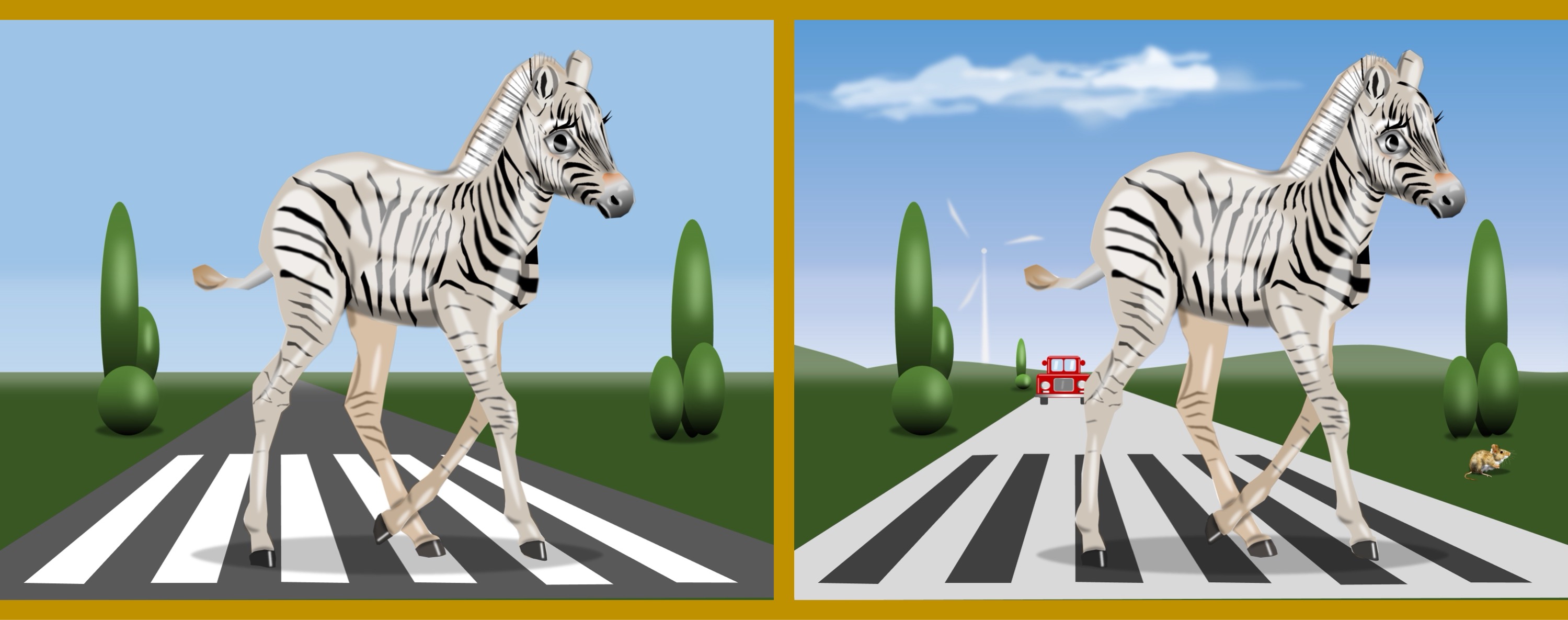 Zebra/zebra - Finde 11 Änderungen im rechten Bild. (teilweise anspruchsvoll) / Find 11 changes in the right picture. (partly challenging)