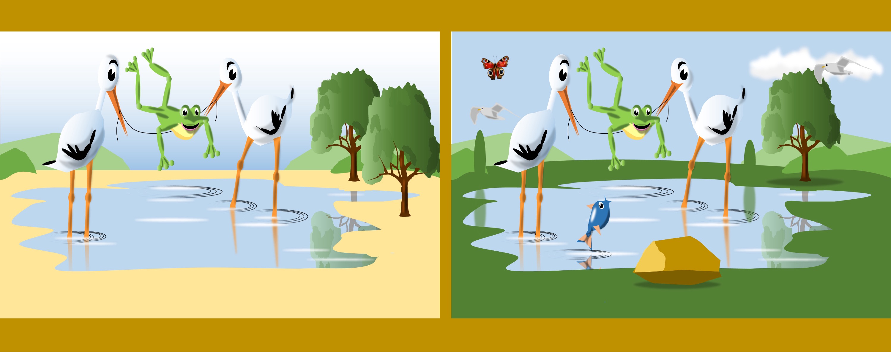 Störche und Frosch/ storks and a frog - Finde 10 Änderungen im rechten Bild. / Find 10 changes in the right picture.