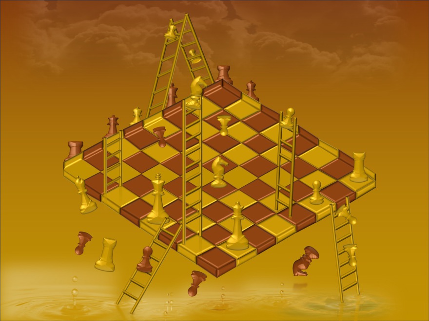 maybe Chocolate Chess  (This painting is based primarily on the painting “Impossible Chess” painted by M. C. Escher.); (combined painting technique; slightly revised 2026-02-16, not finished)