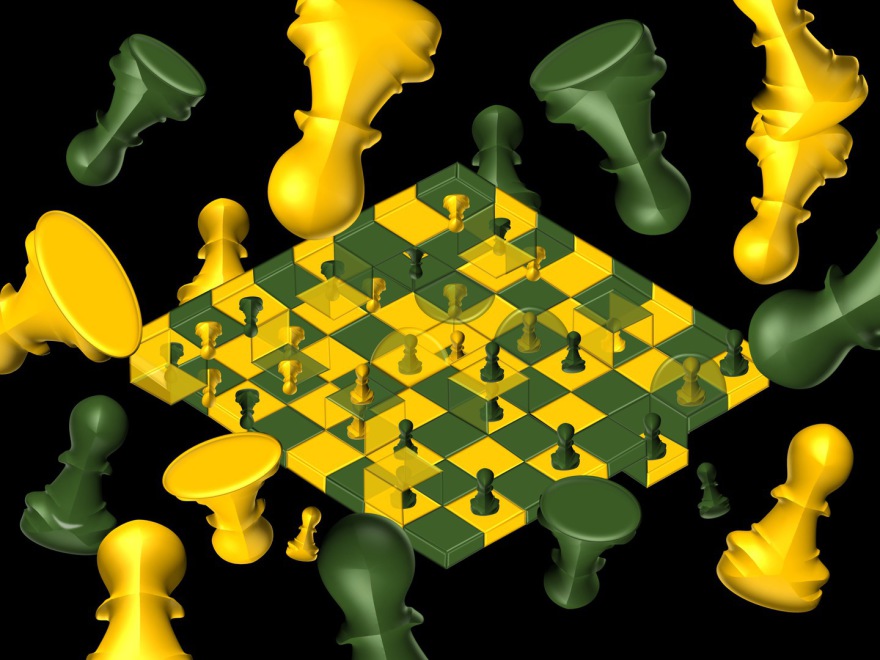 a game (a game with some protected squares); ((This painting is based primarily on the painting “Impossible Chess” painted by M. C. Escher.); (combined painting technique); (2026-06-11, the fifth draft)