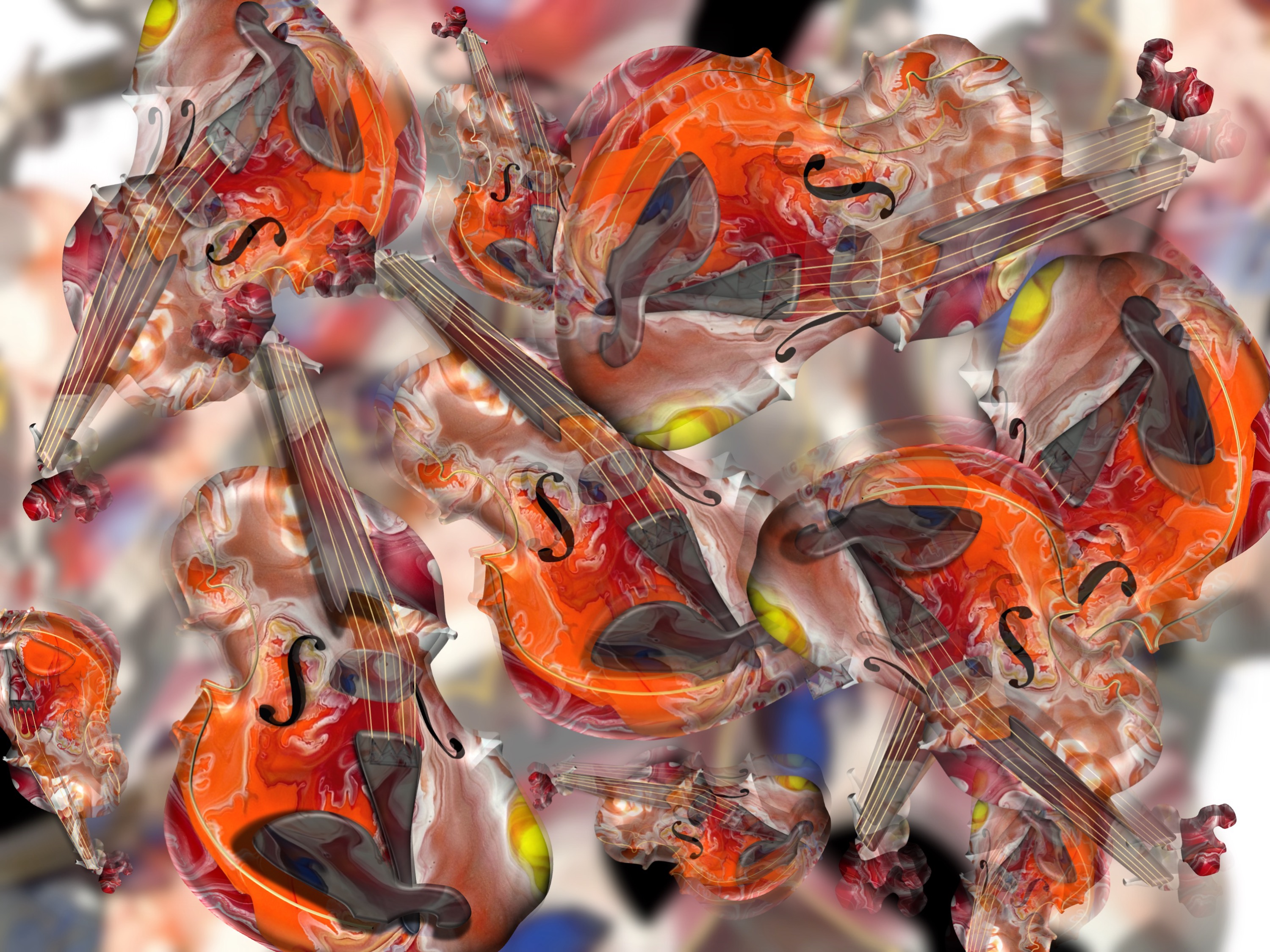 many violins in action (combined painting technique; 2025-09-15)